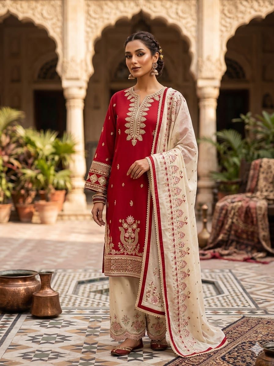 Royal Maroon & Ivory Embroidered Lawn 3 Piece Suit – Stitched