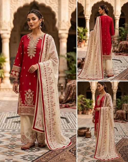 Royal Maroon & Ivory Embroidered Lawn 3 Piece Suit – Stitched